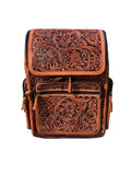 Fully tooled genuine leather backpack in rich brown with intricate floral designs, featuring multiple zippered pockets and adjustable straps.