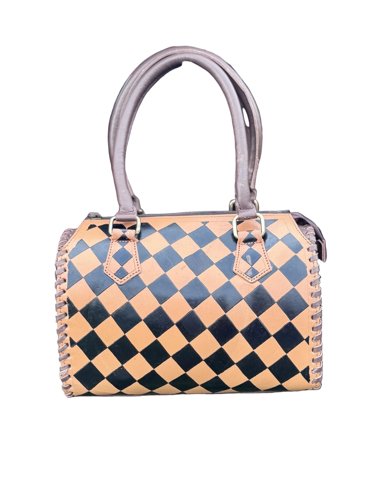 Caramel Espresso Checkered Speedy Western Genuine Leather Purse with optional wallet