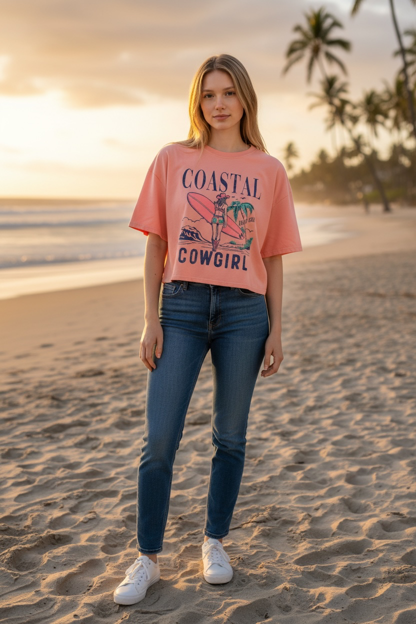 COASTAL COWGIRL BEACH CLUB GRAPHIC LONG CROP TOP