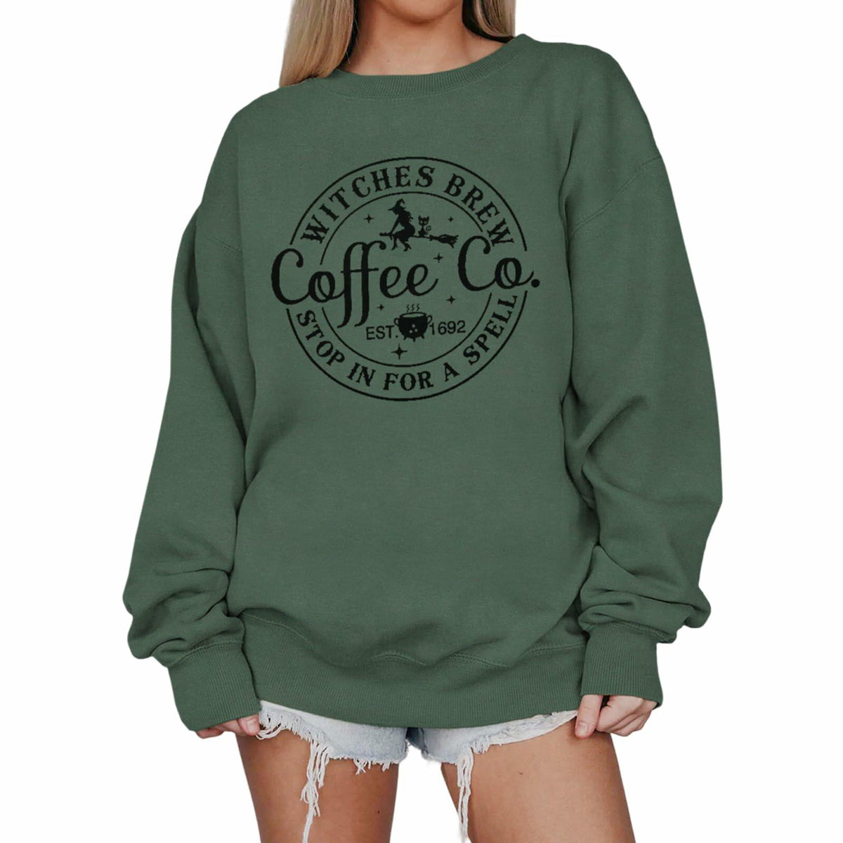 IZYJOY Witches Brew Coffee Oversized Sweatshirt Women Green Size Small