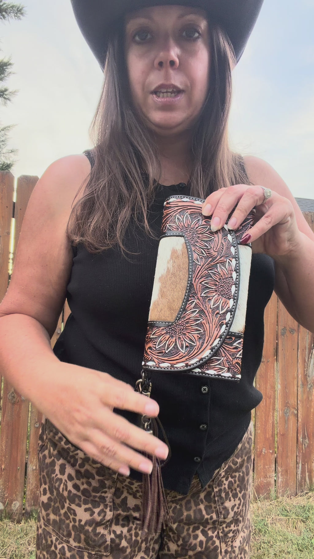 Myra Sandstone Trail Hand-Tooled Wristlet Wallet With Hairon Cowhide