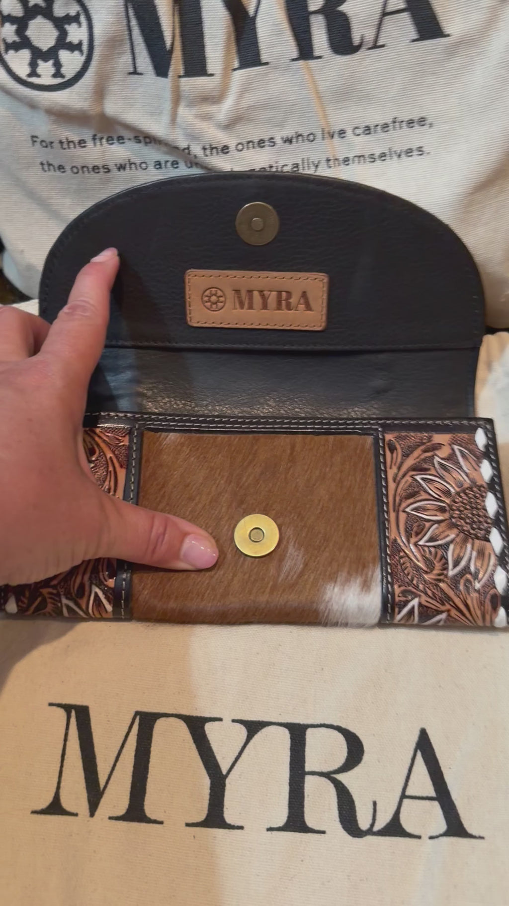 Myra Sandstone Trail Hand-Tooled Wristlet Wallet With Hairon Cowhide