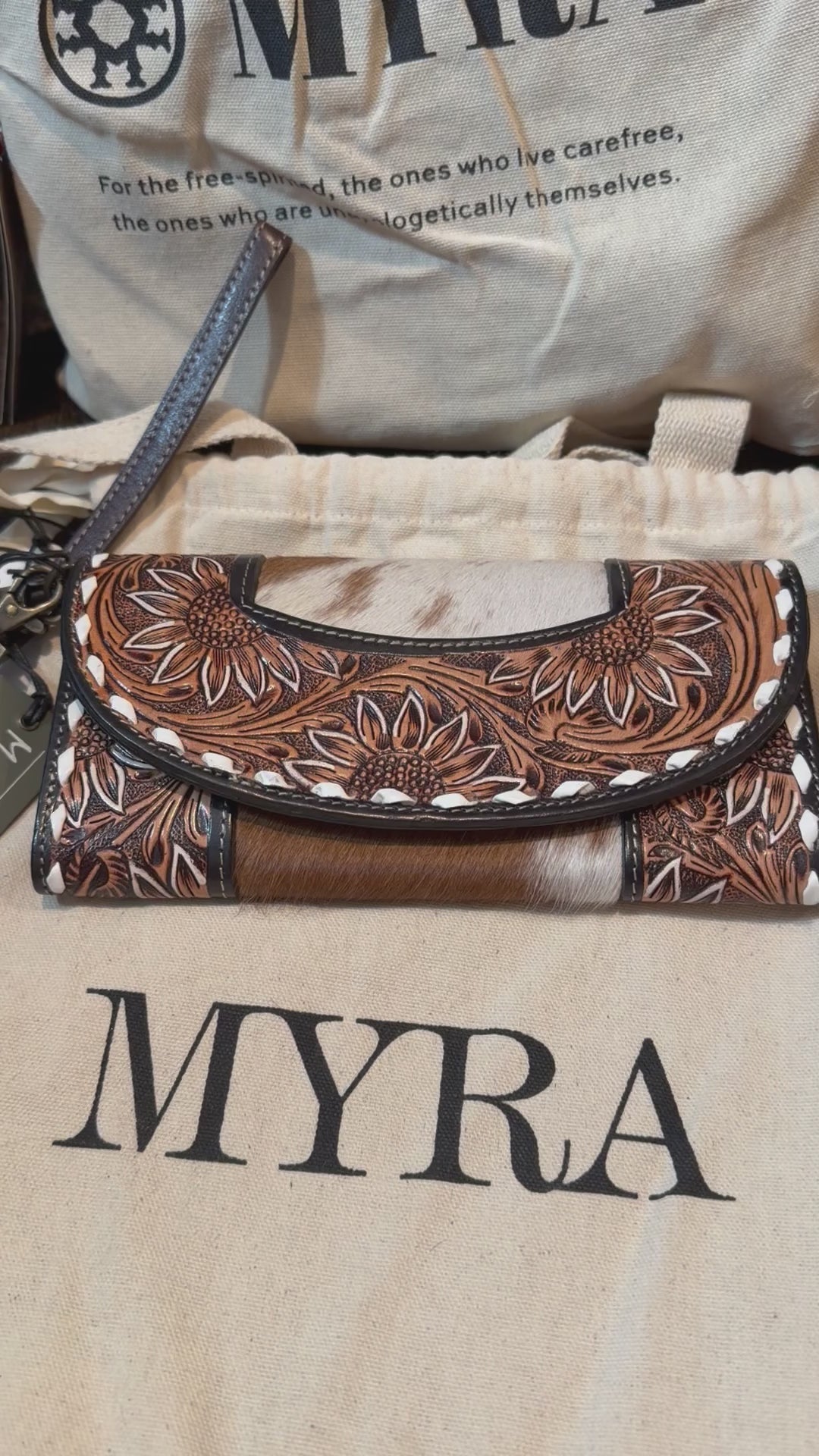 Myra Sandstone Trail Hand-Tooled Wristlet Wallet With Hairon Cowhide