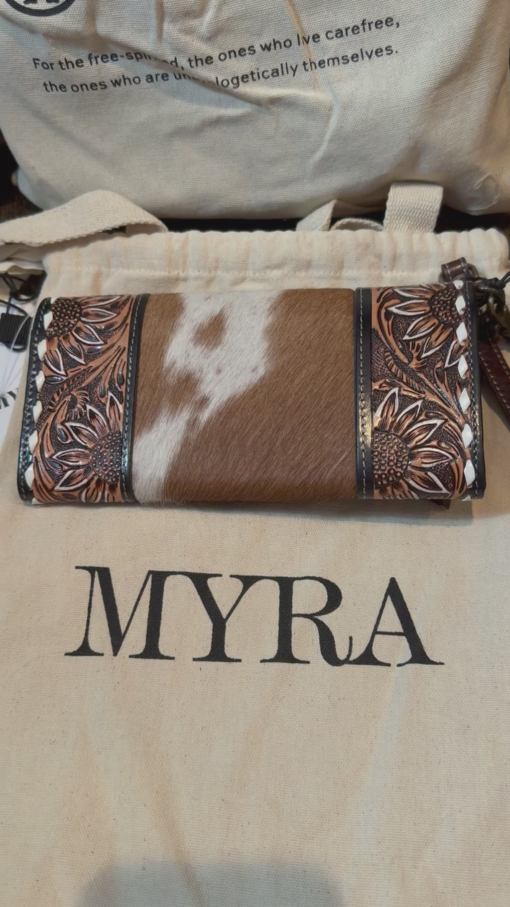 Myra Sandstone Trail Hand-Tooled Wristlet Wallet With Hairon Cowhide