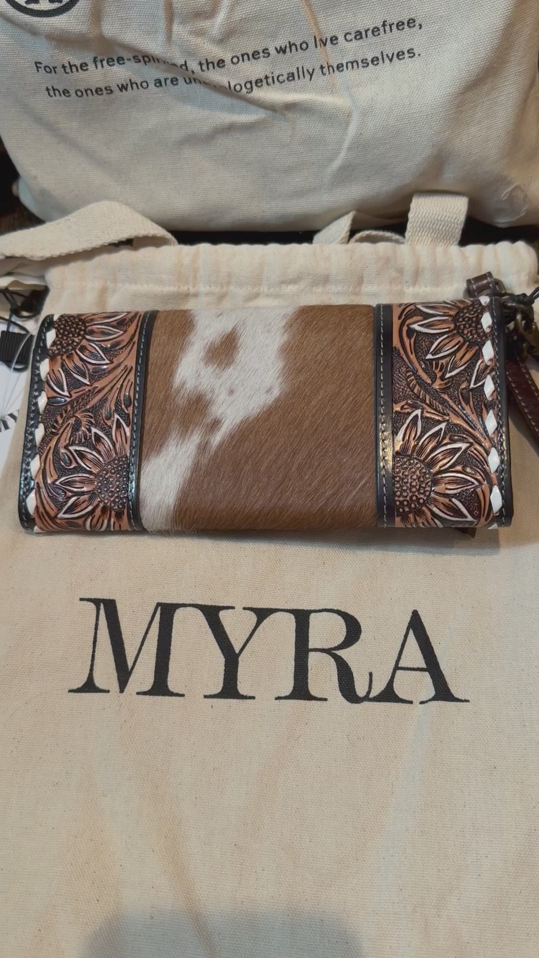 Myra Sandstone Trail Hand-Tooled Wristlet Wallet With Hairon Cowhide